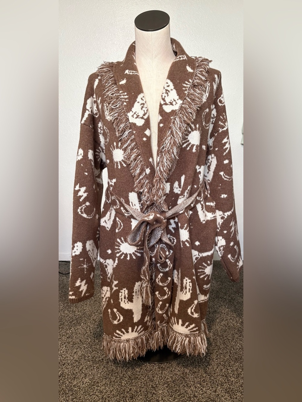 12th Tribe Brown and Cream Fringe Belted Cardigan